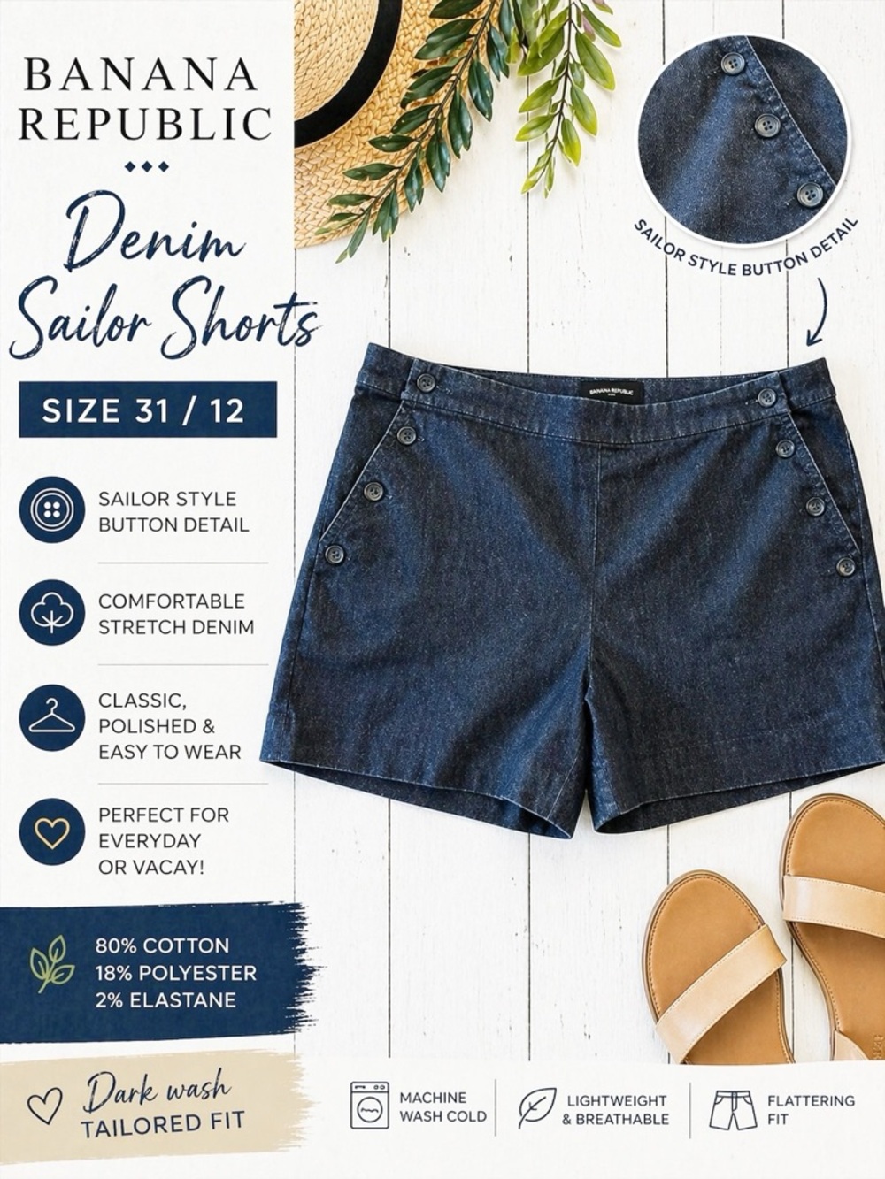 Banana Republic Navy Sailor Button Denim Shorts